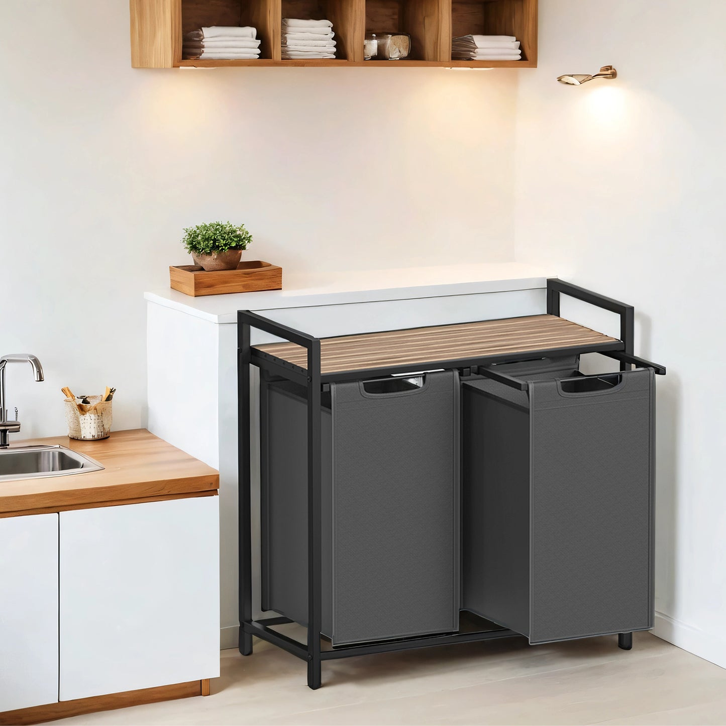 Wäschekorb 2-teilig – mit Ablage & 2x46 L Beuteln
