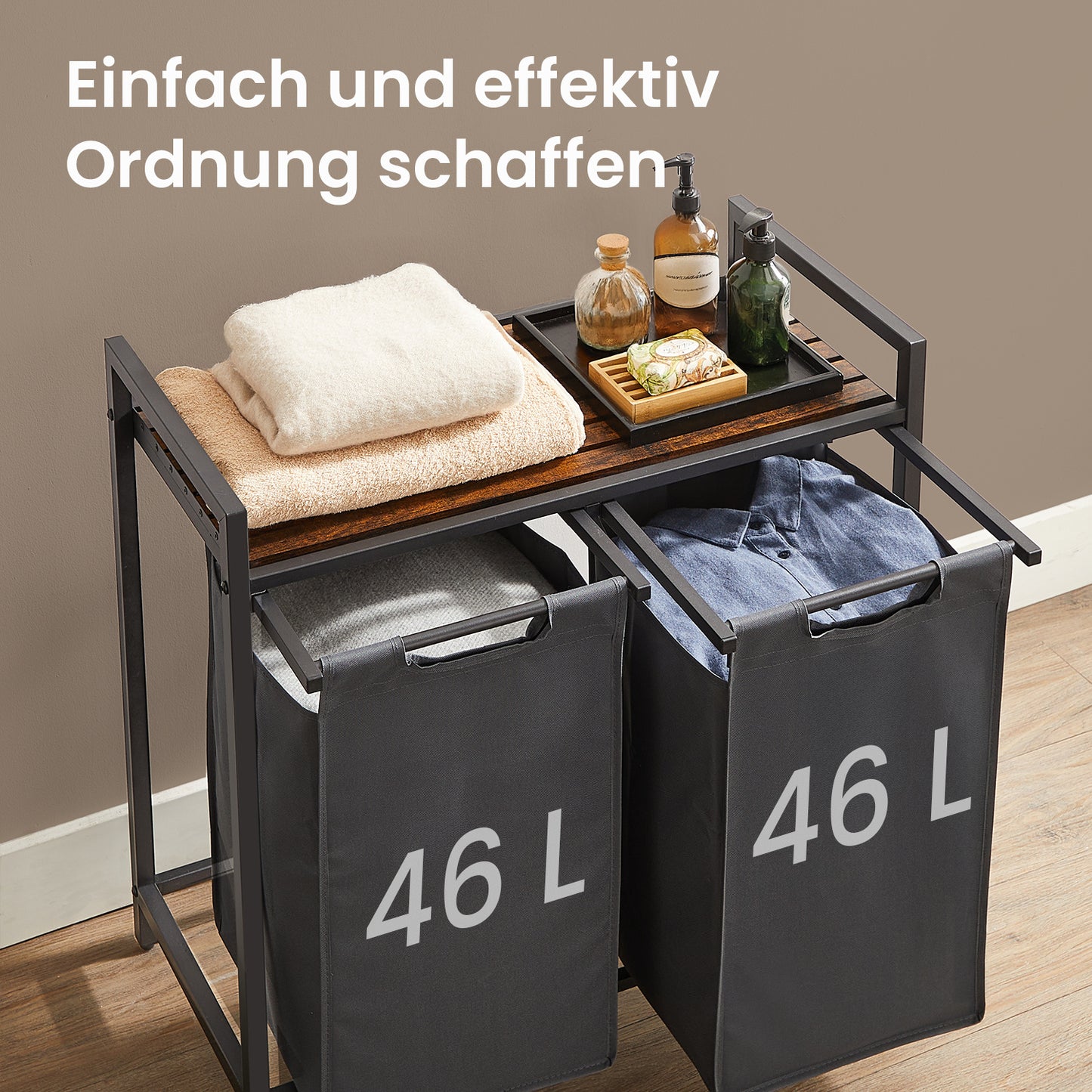 Wäschekorb 2-teilig – mit Ablage & 2x46 L Beuteln