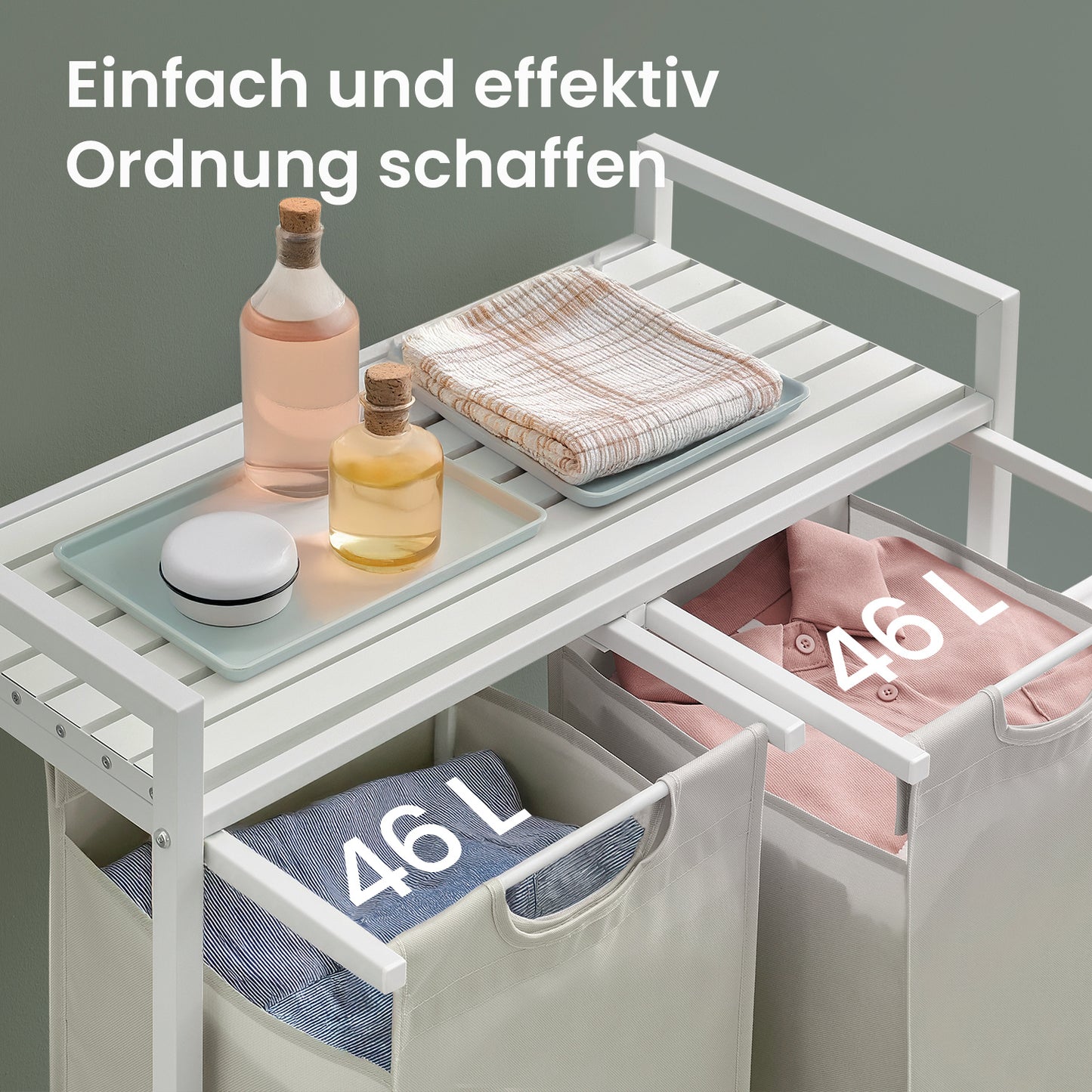 Wäschekorb 2-teilig – mit Ablage & 2x46 L Beuteln