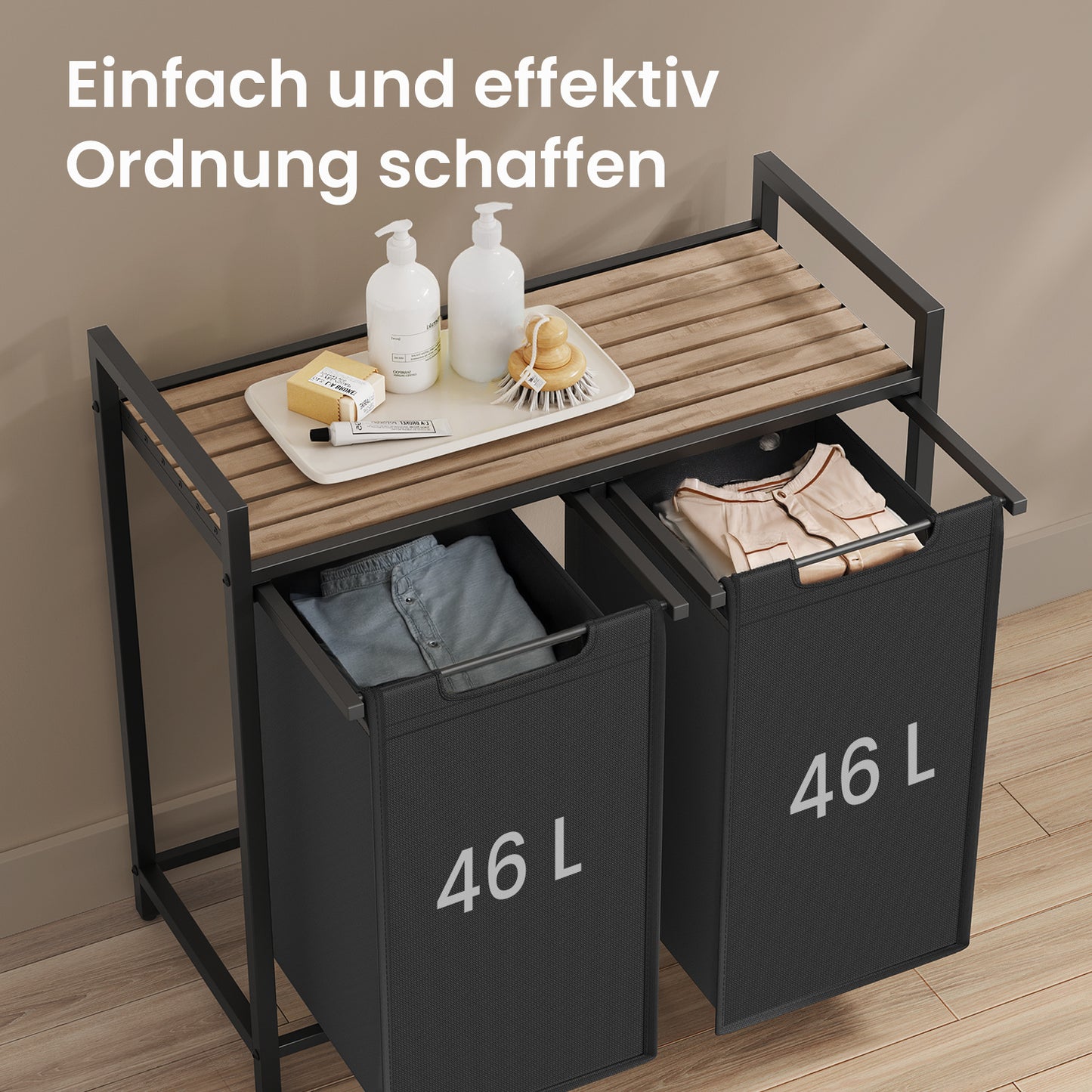 Wäschekorb 2-teilig – mit Ablage & 2x46 L Beuteln