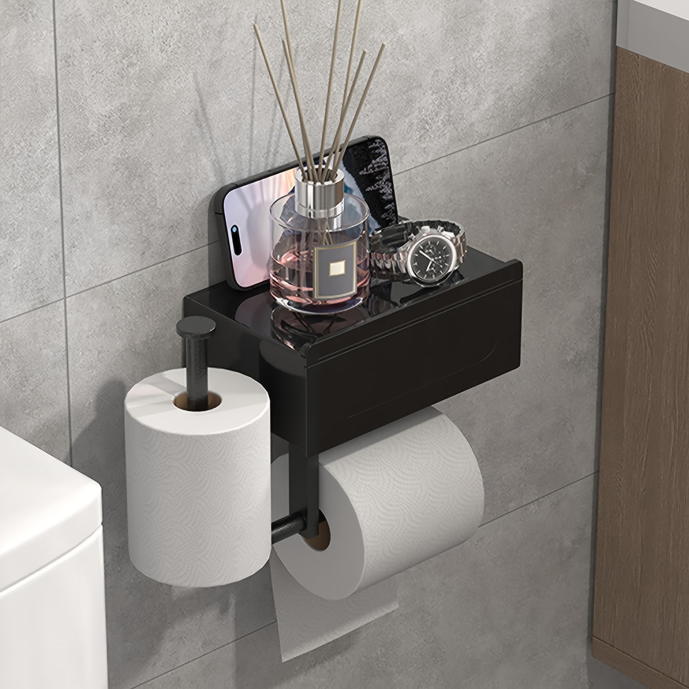 Schwarzer WC-Papierhalter mit Ablage