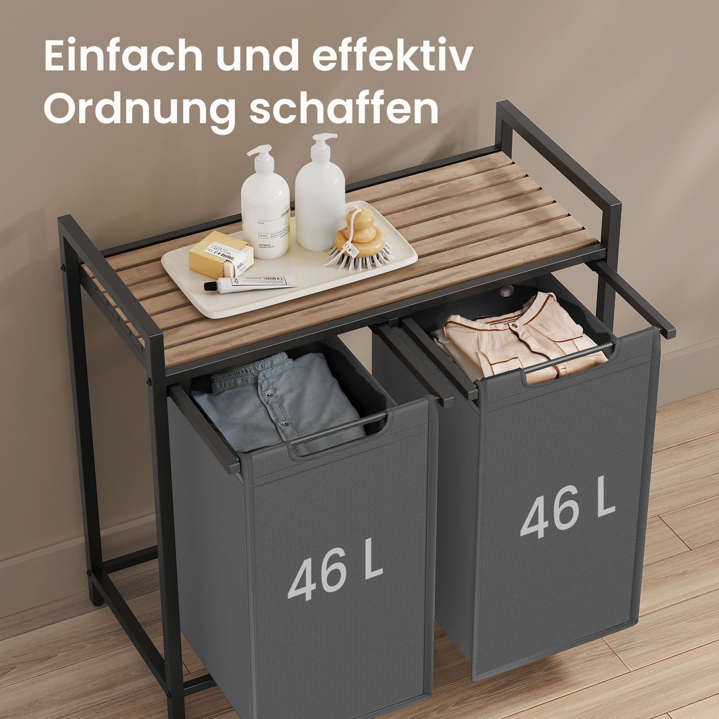 Wäschekorb 2-teilig – mit Ablage & 2x46 L Beuteln